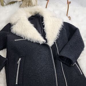 Topshop Faux Fur Collar Coat Assymettrical Zippered Front Size 4